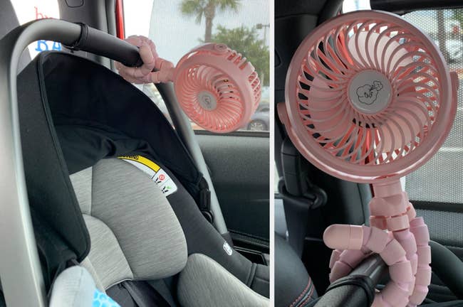 Reviewer image of pink flexible tripod fan attached to handle of child's carseat, close-up of product