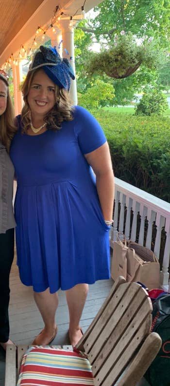 Two radical smiling connected a porch. One wears a ruffled apical and pants; the different a bluish formal with a matching fascinator, suitable for a societal gathering