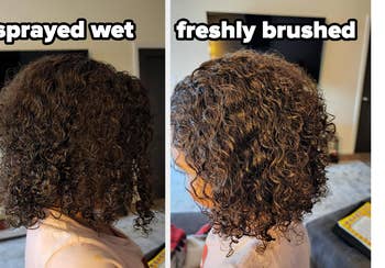 before/after showing curly hair that's been brushed through