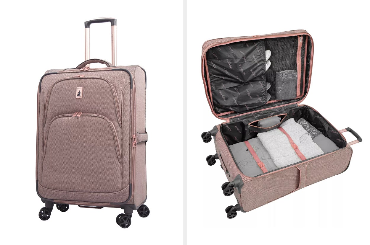 collage of baby pink soft-side suitcase, exterior and interior