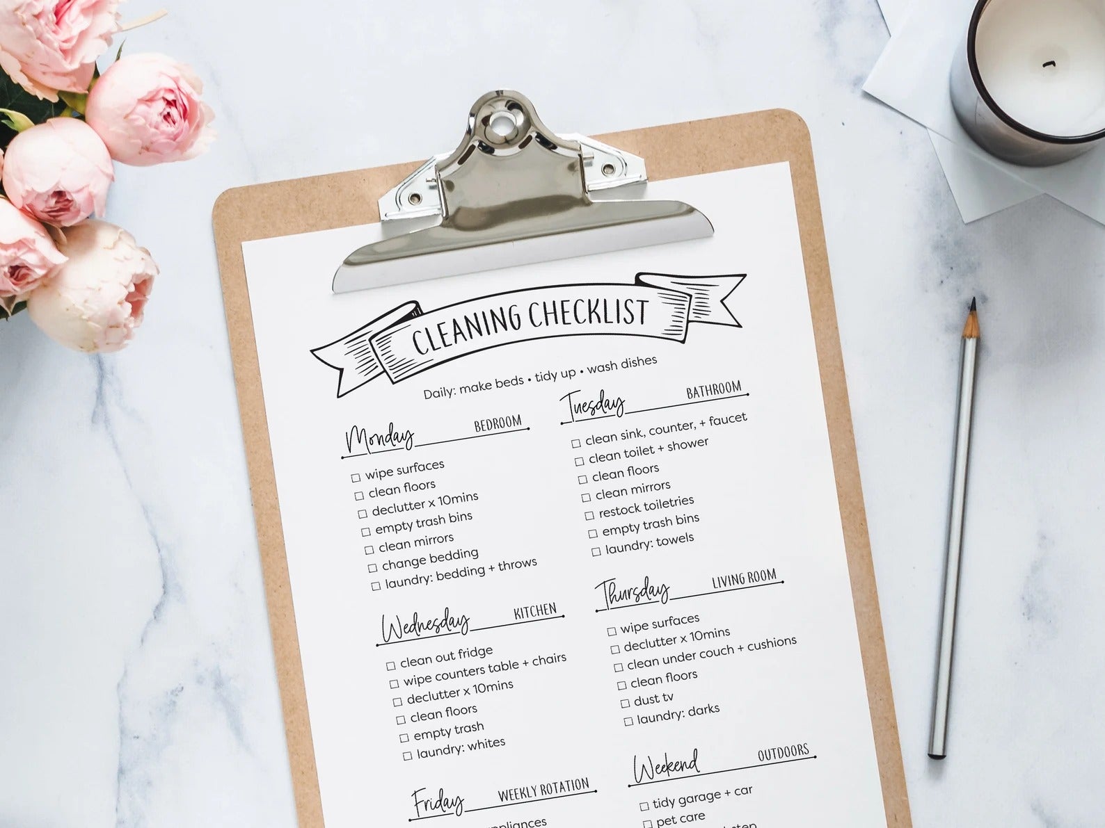 A printable of a cleaning checklist with tasks like