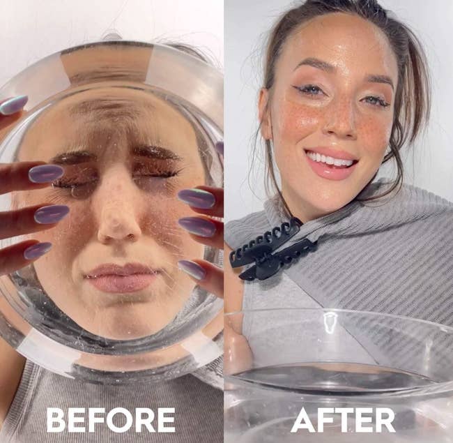 A model dunking her face in a bowl of water/The same model showing that their makeup was unaffected by the water