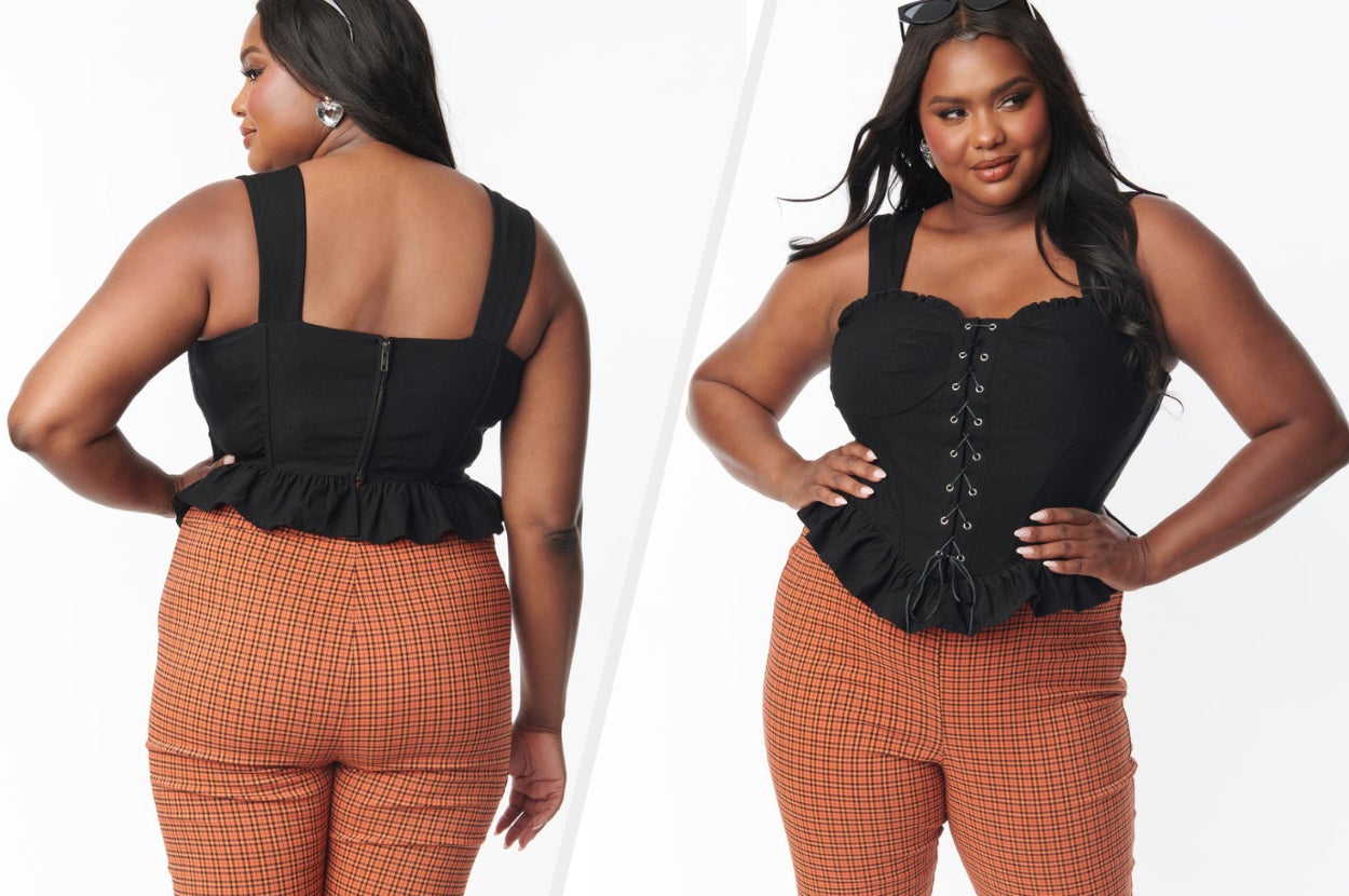 Two images of model wearing black corset top and plaid pants