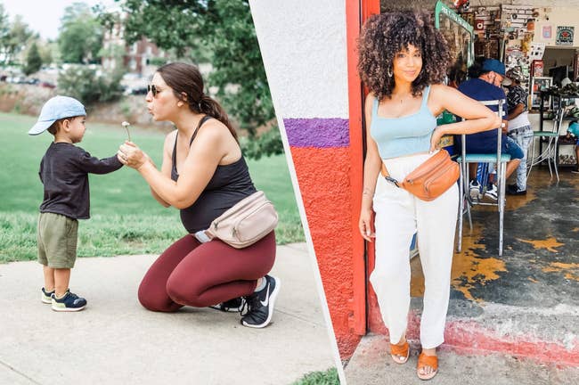 Two images of models wearing beige and brown fanny packs