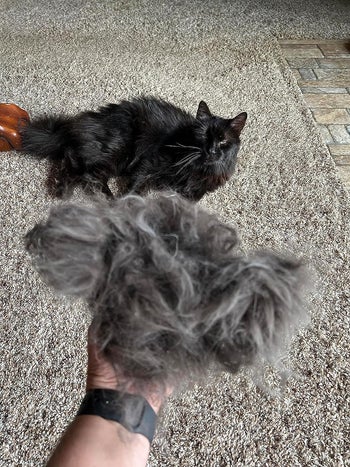 A reviewer with hand full of fur after using the brush to de-shed their cat
