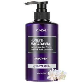 Kundal Honey & Macadamia Hydro-Intensive Protein Hair Treatment successful  a pump bottle, labeled 