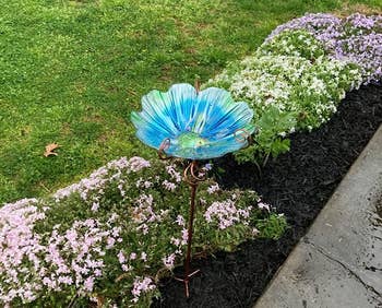 reviewer image of the blue birdbath in a garden
