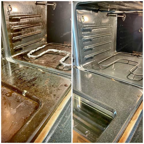 side by side reviewer before and after images of a stained oven becoming spotlessly clean