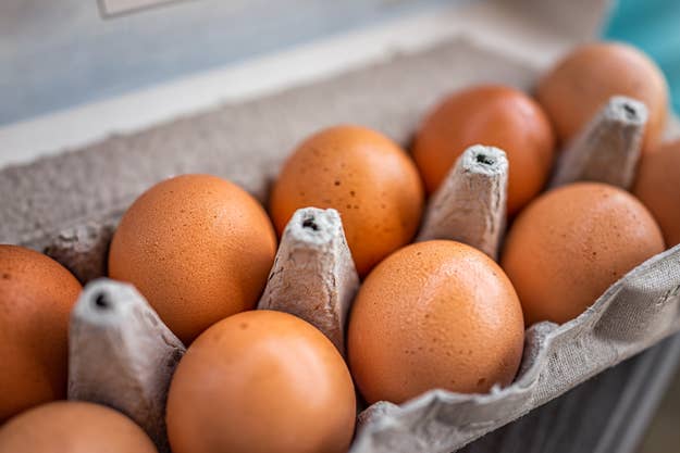 Close-up of a carton of eggs arranged in an egg carton