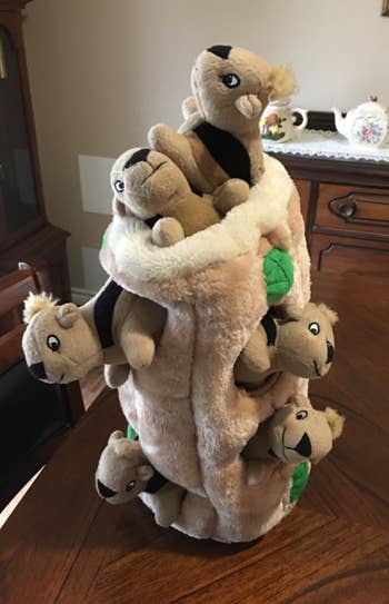 review's plush interactive toy with various stuffed squirrels stacked vertically