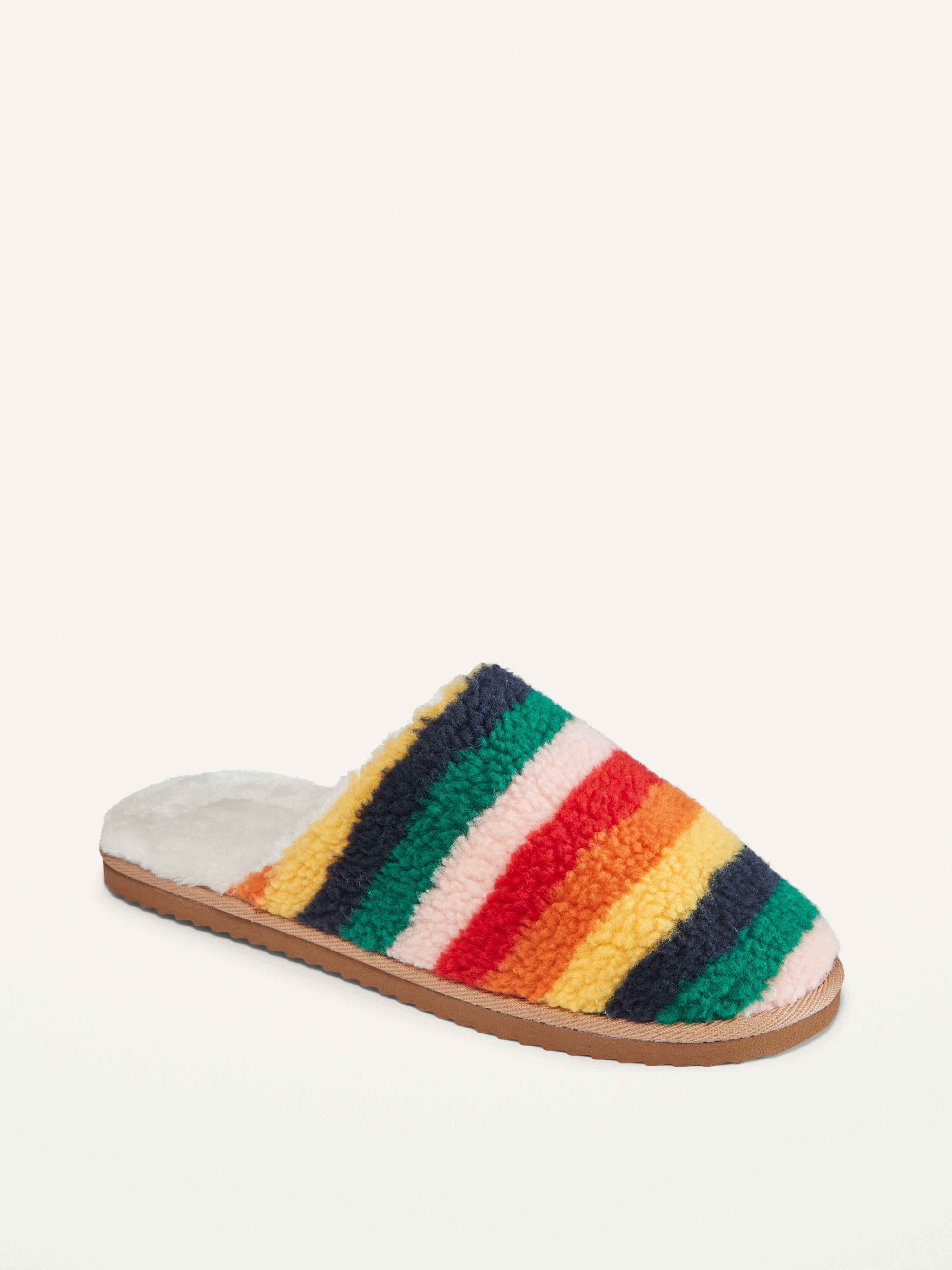 Colorful, striped slide-on slippers
