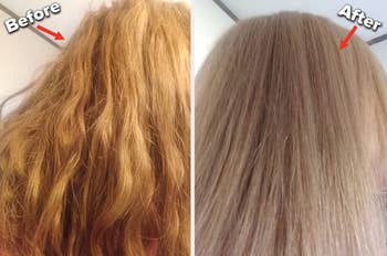 Reviewer's blonde thick hair before and after using hair straightener