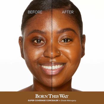 model before and after from using the born this way concealer - the after side looks even toned, smooth, and radiant