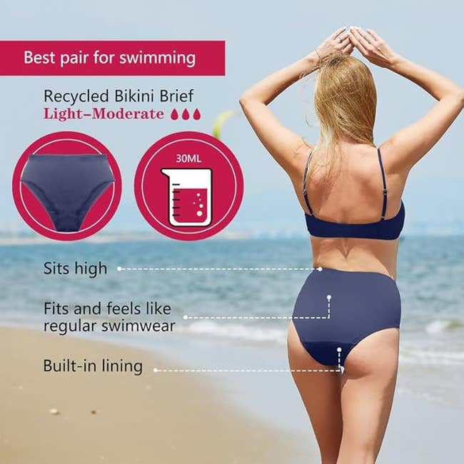 Advertisement for a navy blue recycled bikini brief for swimming with light to moderate absorbency and built-in lining