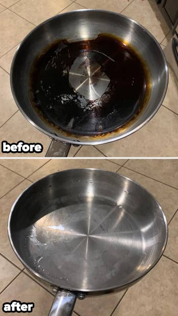 A before and after of a reviewer's stainless steel pan, with the before photo showing caked on grease and burn stains that have been removed