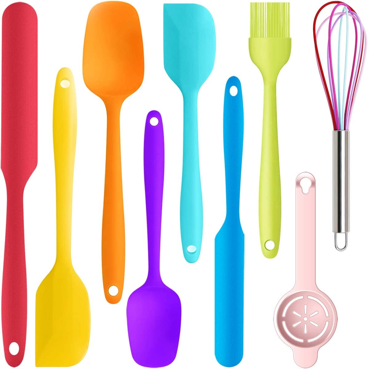 the spatulas, spreaders, whisk, and egg separator in rainbow colors
