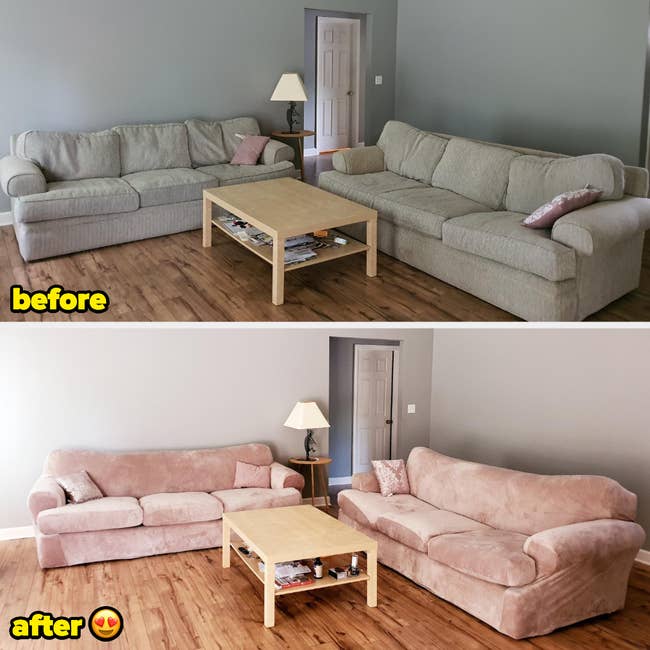 a reviewer turns their couches taupe with a gaffe cover