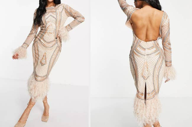 Model wearing brown and silver bead and sequin embellished midi dress with feather trim and backless back with back slit