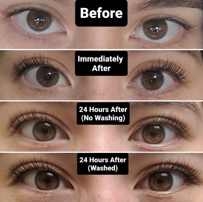 series of reviewer photos showing how long their lashes got using the kit