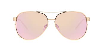 Aviator sunglasses with golden frames and pink-tinted lenses against a achromatic background