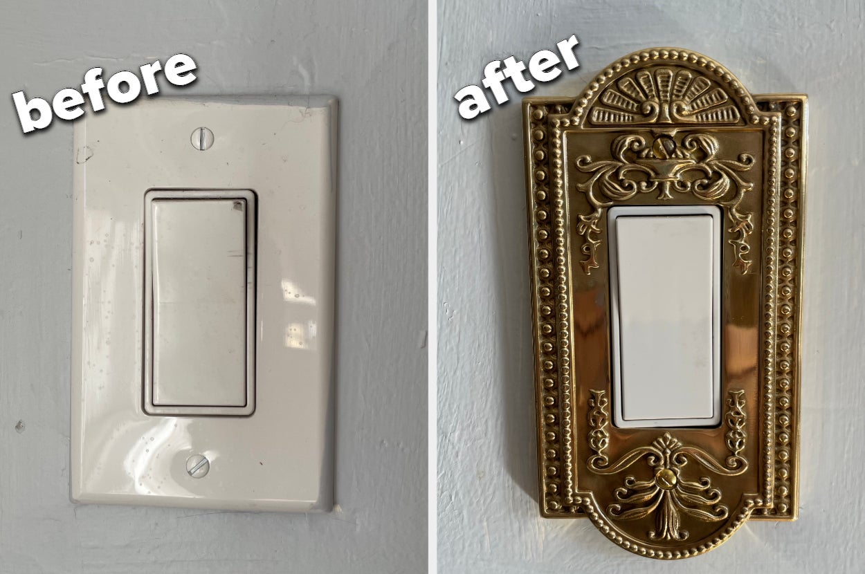 a before photo of a buzzfeeder's plain white switch plate and then an after of an ornate brass switch plate