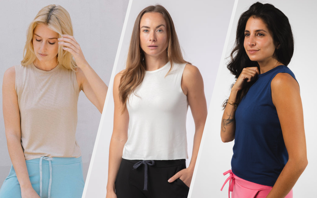 Three images of models wearing tan, white, and navy tank tops