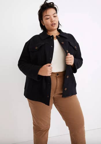model wearing navy sweater-jacket