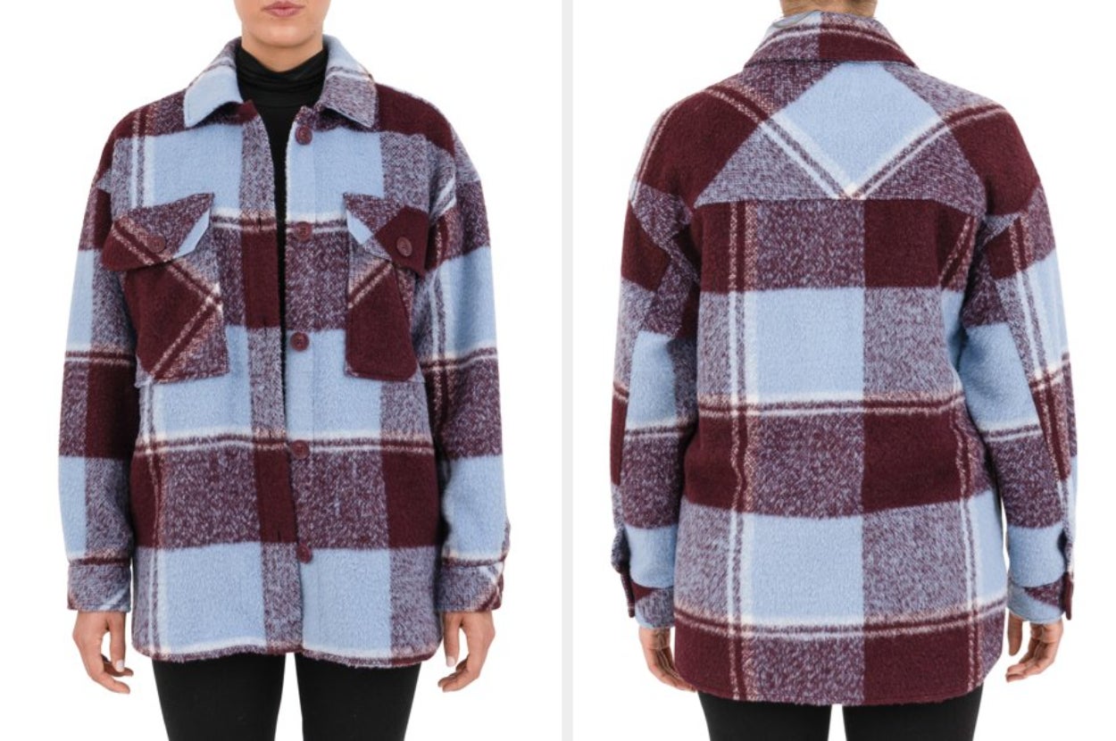 collage of front and back view, model wearing red and blue plaid shacket