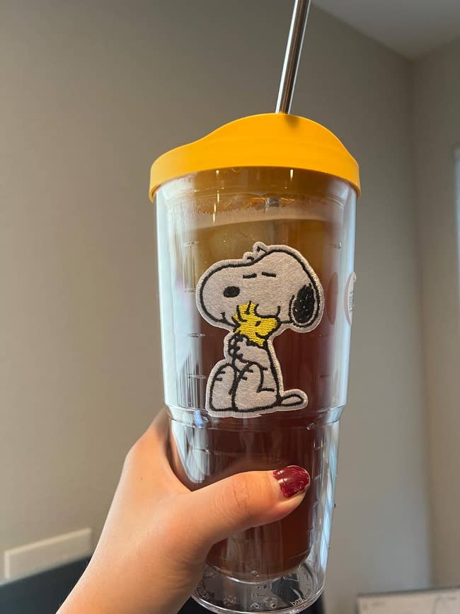 Tumbler with iced portion featuring Snoopy hugging Woodstock design. Woman holding it with reddish polished nails