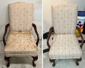 before/after of dirty stained chair that's been cleaned and left white