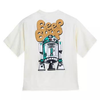 the back of a graphic tee that has r2-d2 on it and 
