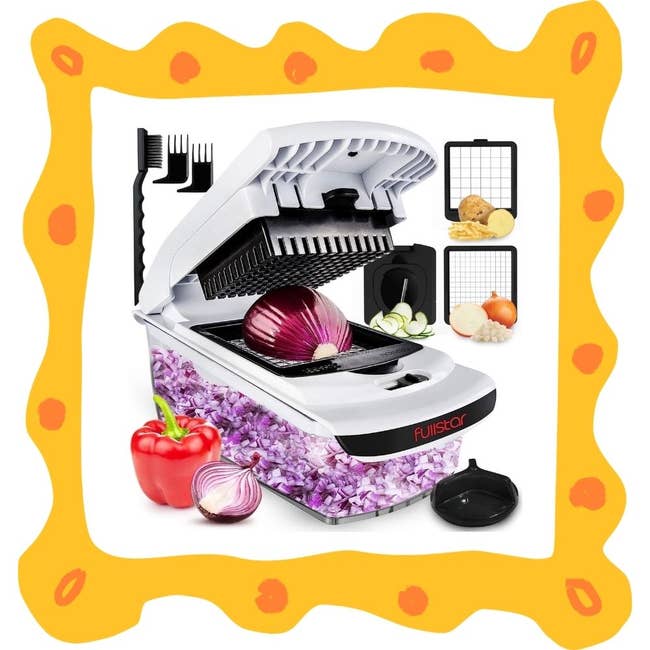 Vegetable chopper with interchangeable blades and containers, featuring diced onions and a whole red pepper