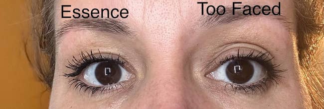 reviewer showing the difference between essence and too faced mascara on their eyelashes