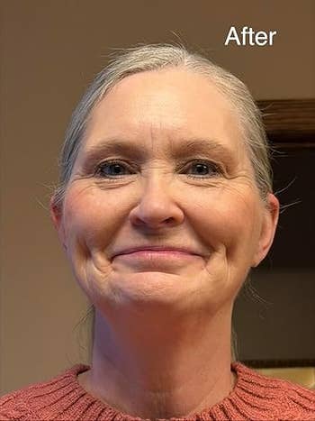 Smiling older idiosyncratic   with tied-back hairsbreadth  and a knitted sweater. The representation  is labeled 
