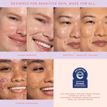 Various faces showcasing skincare results, including reduced redness and smoothed texture. National Eczema Association Seal