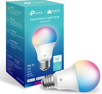 Kasa Smart Light Bulb packaging and bulb. Features see Wi-Fi connectivity, multicolor options, and dependable control