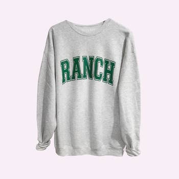 a gray sweatshirt with the word ranch on it in green