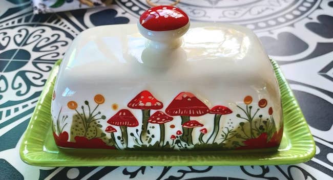 Ceramic food  crockery  with whimsical mushroom plan  and a domed lid