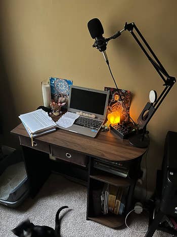 reviewer's desk set up with a laptop and microphone