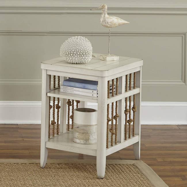 side table with rustic white paint and nautical rope sides 