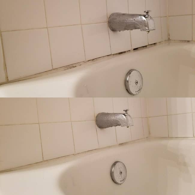 on the top, a bathtub with dirty grout and, on the bottom, the same tub looking cleaner 