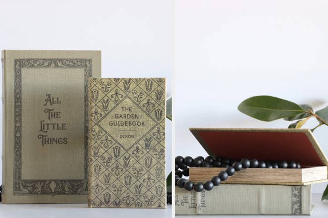 Two green vintage books standing next to each other, product with backing open and beaded necklace inside