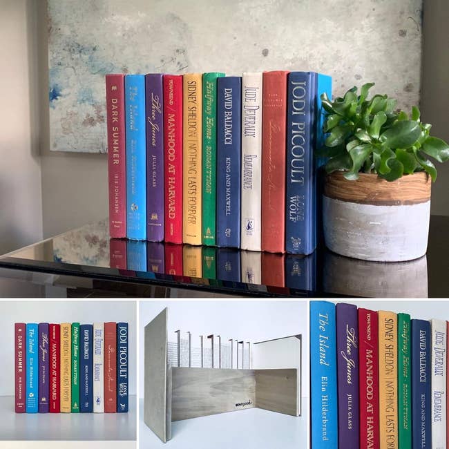 A collection of hardcover books from various authors, displayed on a reflective surface with a small potted plant to the right. Below, an additional view shows the books on a shelf