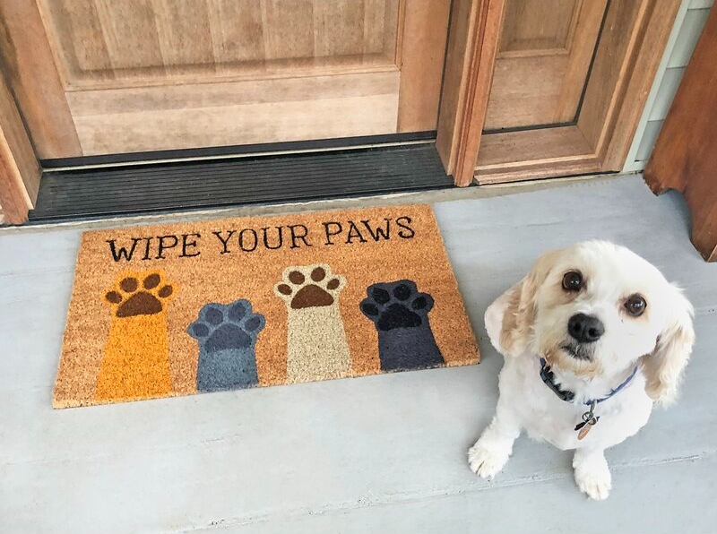 a dog sitting in front of the doormat that says 
