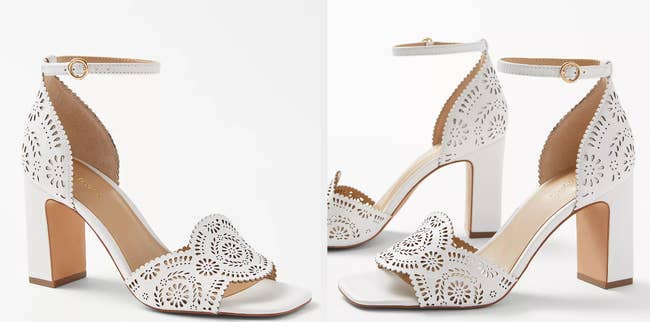 Two images of white heel sandals