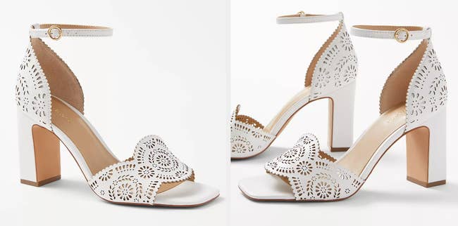 Two images of white heel sandals