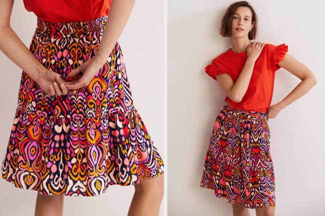 Two images of model wearing colorful mini skirt