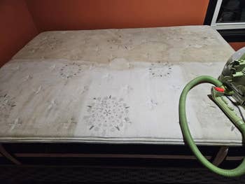 A mattress with staining in different stages of cleaning next to a green vacuum cleaner hose