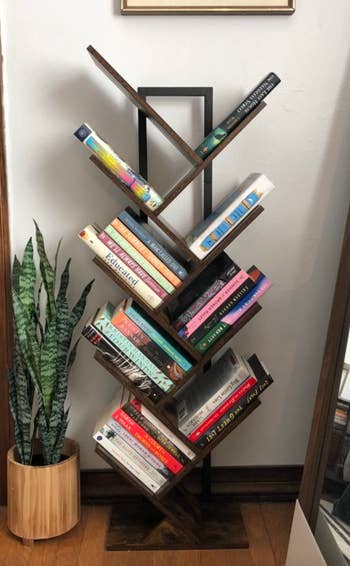 Books arranged on a unique zig-zag shelf with diagonal tree-like shelves 