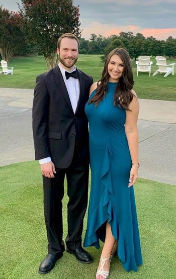 different reviewer wearing the same dress in teal